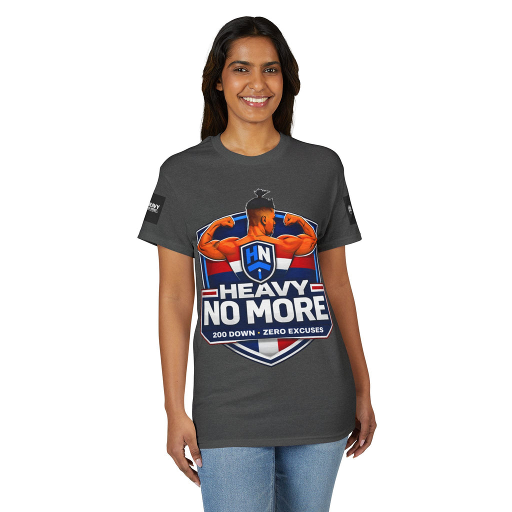 Heavy No More T-Shirt — '200 Down • Zero Excuses' Fitness Tee