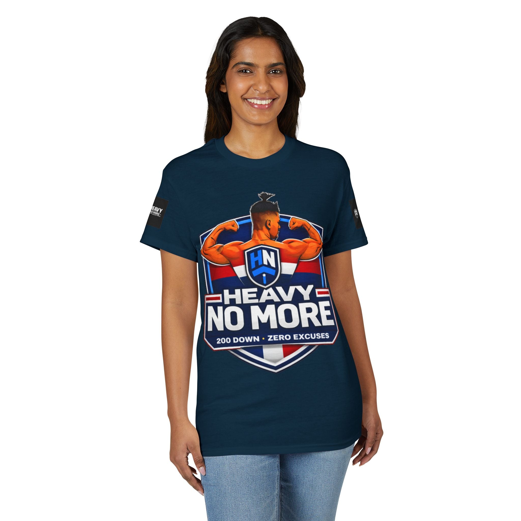 Heavy No More T-Shirt — '200 Down • Zero Excuses' Fitness Tee