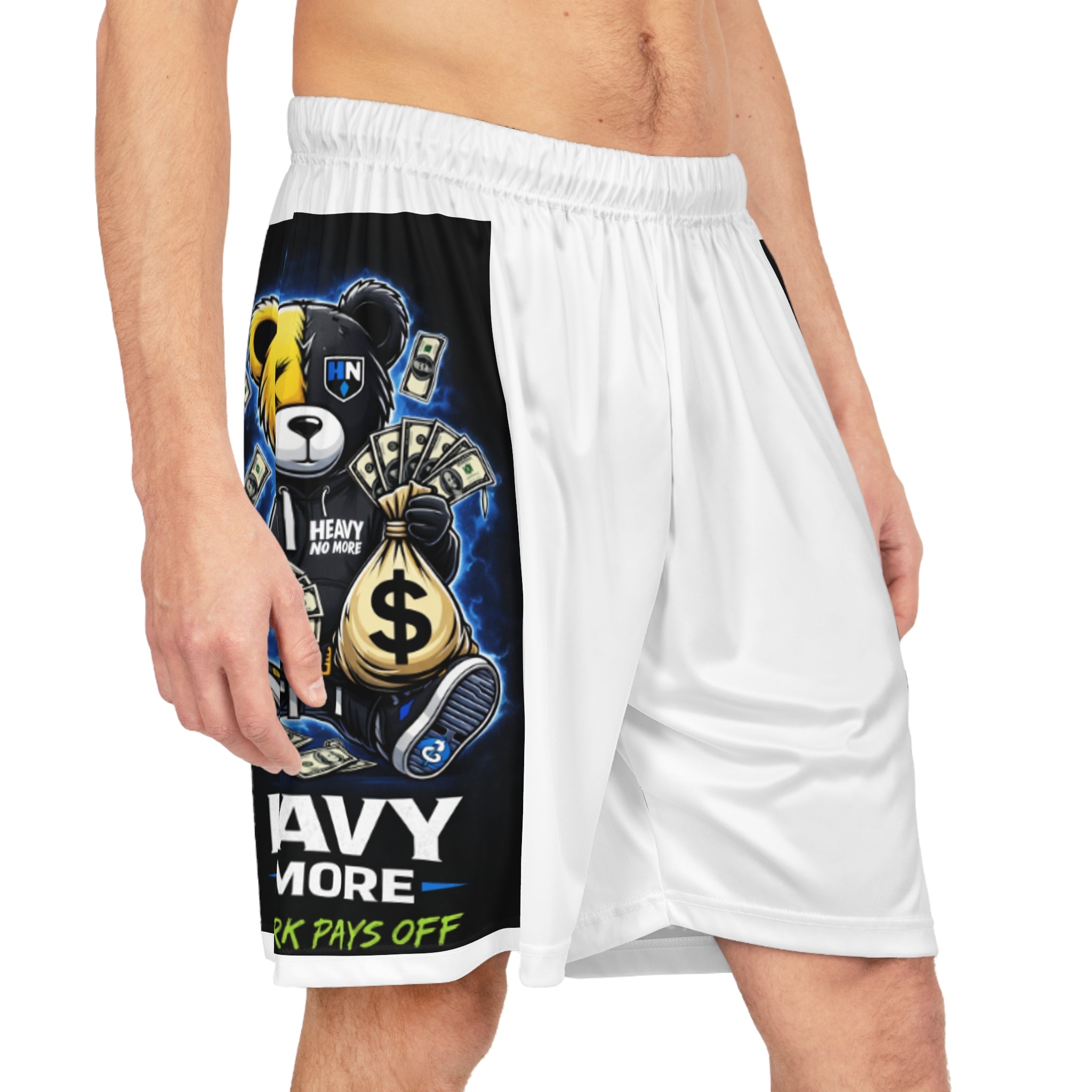 Basketball Shorts — 'Heavy Not More' Money Bear Graphic AOP Athletic Shorts